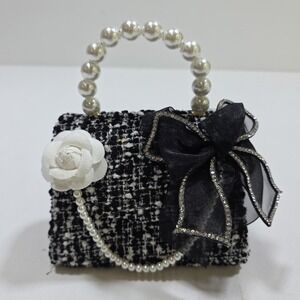 Tina Mur Handbag Girls Small Black White Tweed Pearl Handle Bow Flower Crossbody